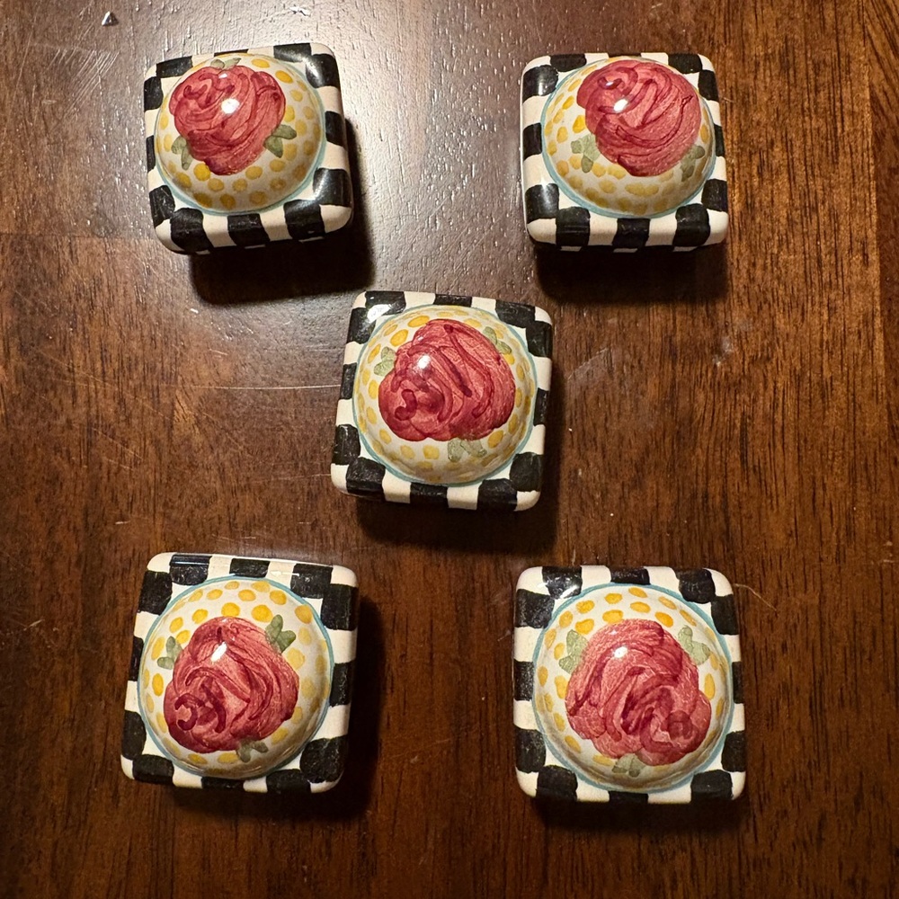Mackenzie Childs Rose Petit 5 Square Cabinet Knobs and Drawer Pulls Set 1.5"